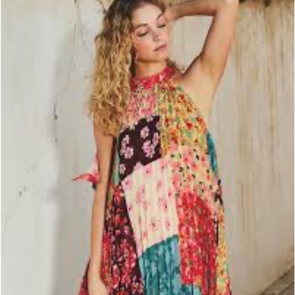 NWT VICI DRESS FORUM Patchwork Pleated Halter Mini Boho Dress S - Picture 12 of 12